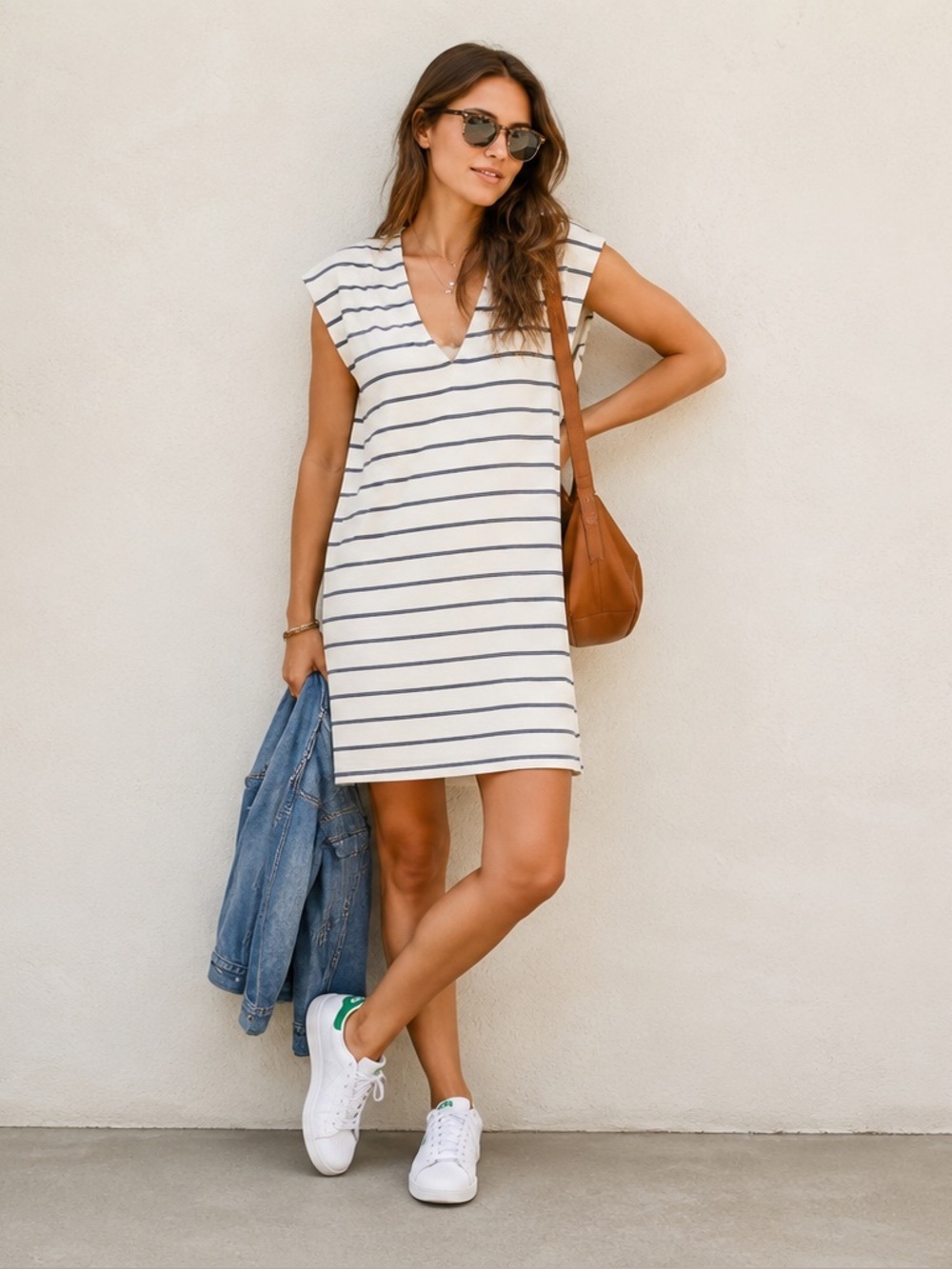 Madewell Cream Blue Striped Vacances Shift Dress Women's Size XS V Neck